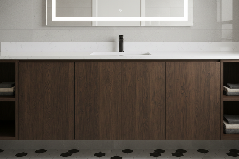 dark oak frameless style cabinets, american home bathroom vanity cabinet 